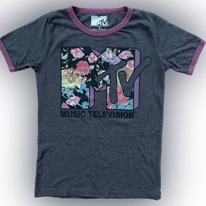 MTV Viacom Charcoal Gray T-Shirt with Floral Logo Women’s Size Small